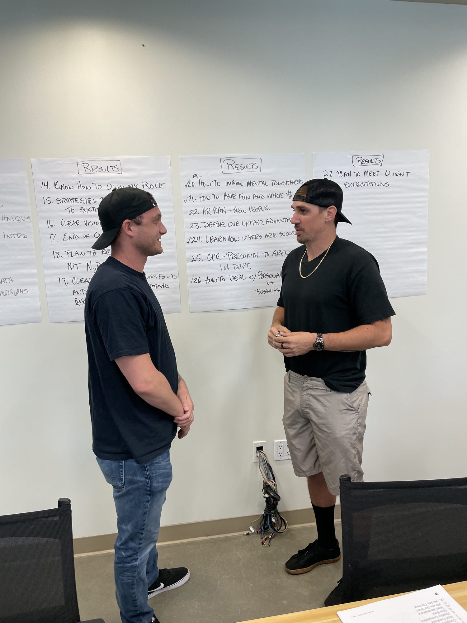 Two workshop participants talking face to face.