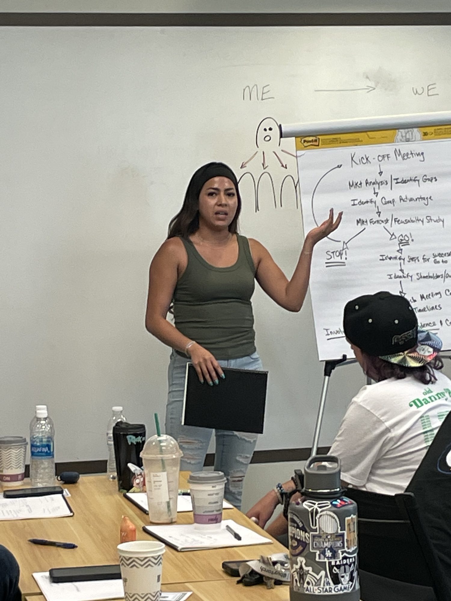 A woman presenting at a flip chart.